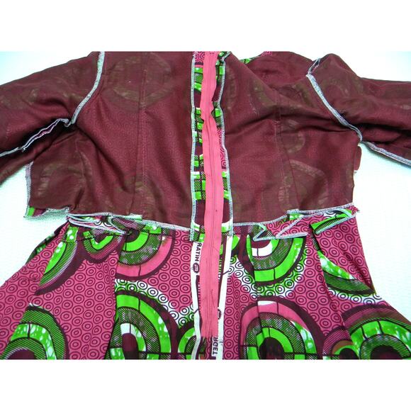 Handmade African Ankara Wax Print Fit & Flare Cultural Dress Pink Green Cotton - Picture 5 of 7